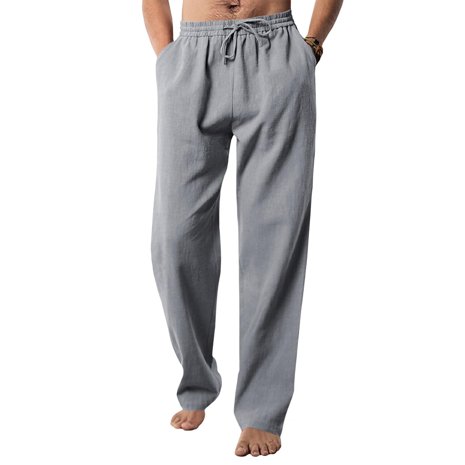 BIVENANT Mens Casual Linen Pants Loose Fit Elastic Drawstring Waist Lightweight Trousers Summer Yoga Beach Long Pants