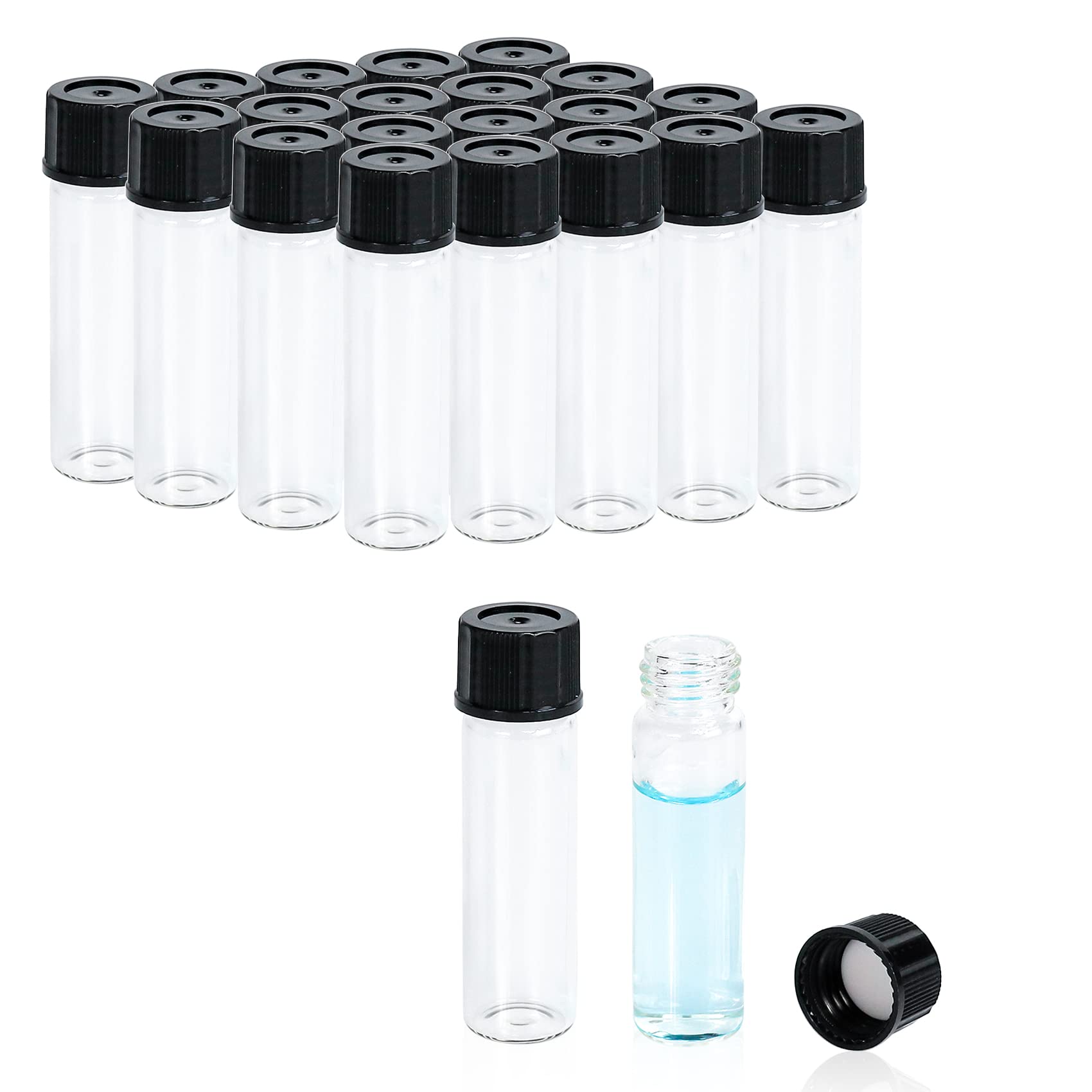 ALWSCI 2 Dram Glass Vials, Small Liquid Sample Vial,17X60mm 8ml Borosilicate Glass Empty Vials with Caps, 15-425 Black Screw Caps with PE Liner, Pack of 20