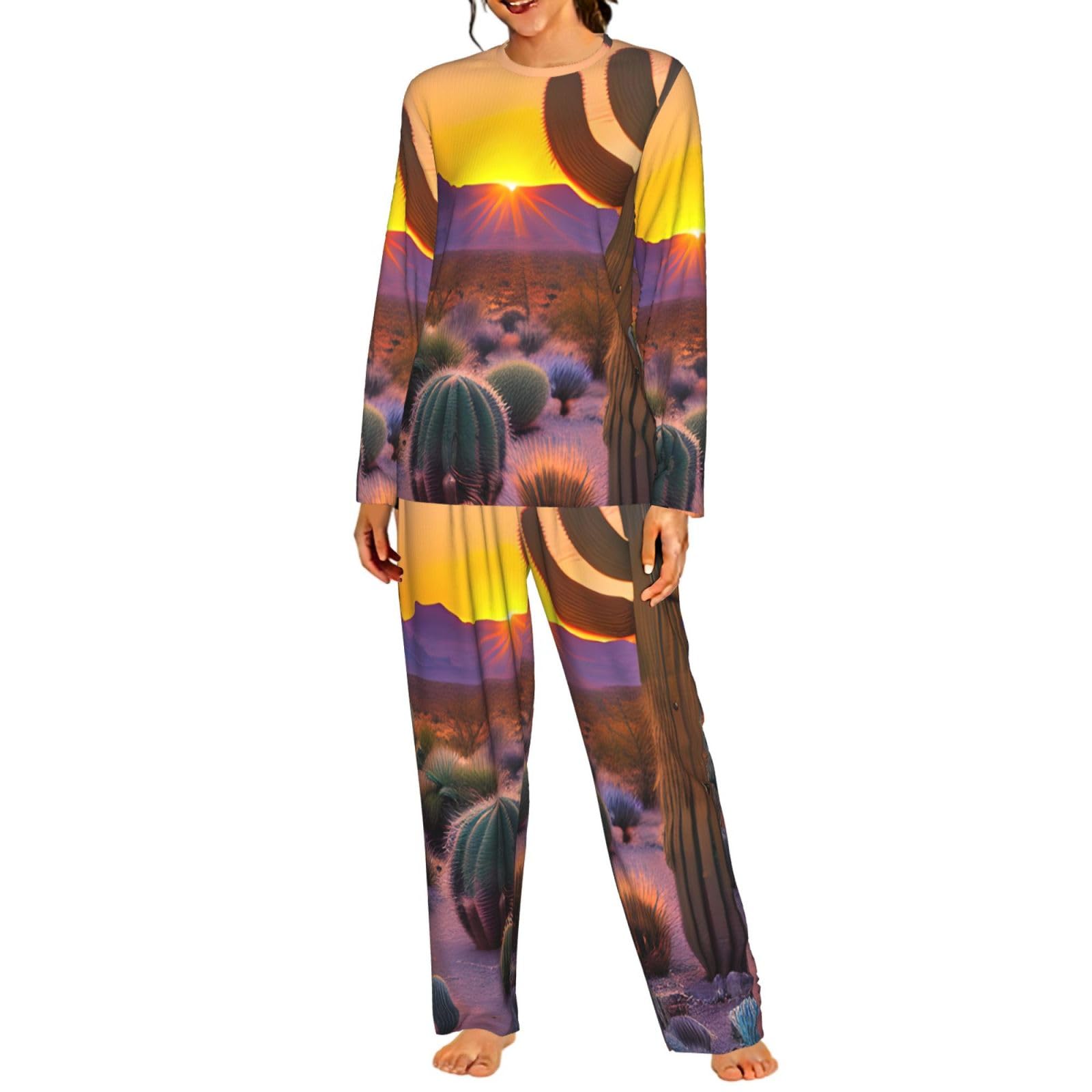 Pigiama da donna a maniche lunghe con stampa di cactus deserto tramonti morbido pigiama da spiaggia vacanza da notte regalo casual