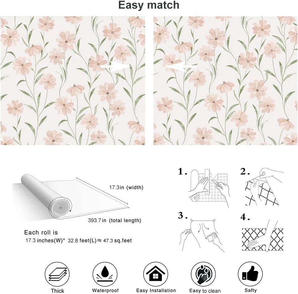 Pink Floral Wallpaper Peel and Stick Daisy Wallpaper Textured Boho Contact Paper Removable Vintage Stick on Self Adhesive for Bedroom Bathroom Cabinets, Pink Green, 17.3 x 394inch