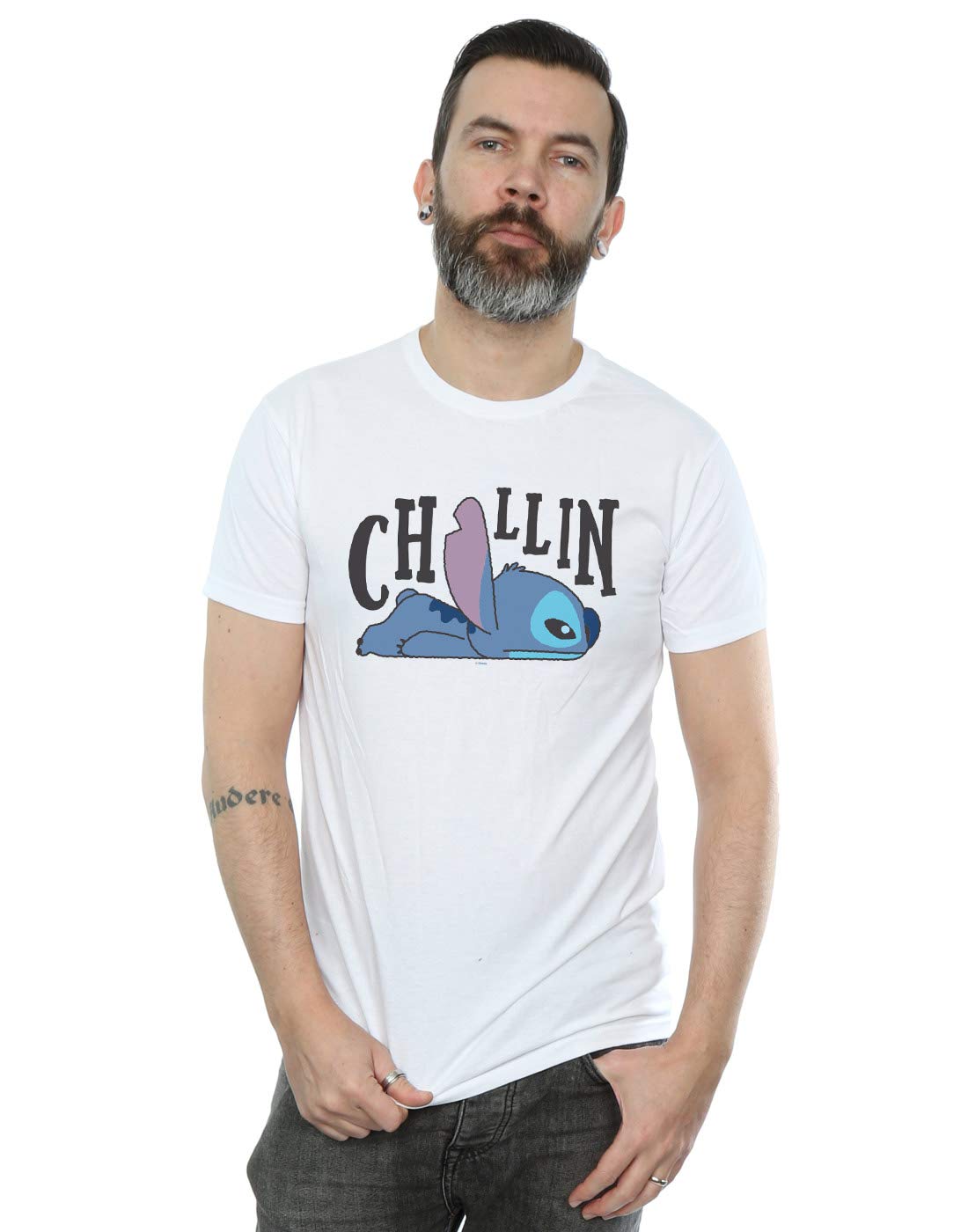 Absolute Cult Men's White Disney Lilo And Stitch Chillin T-Shirt XXXX-Large