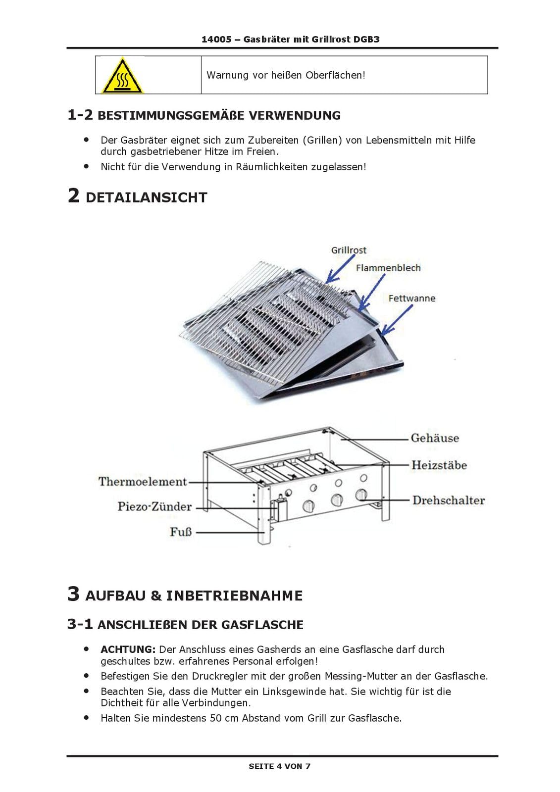 DEMA Gasbräter 3 Brenner 10kW Gasgrill Tischgrill Edelstahl | Piezozündung, Thermosicherung, Warmhalterost, Gastrogrill, Propangas, Fettwanne, Grillplatte Alternative