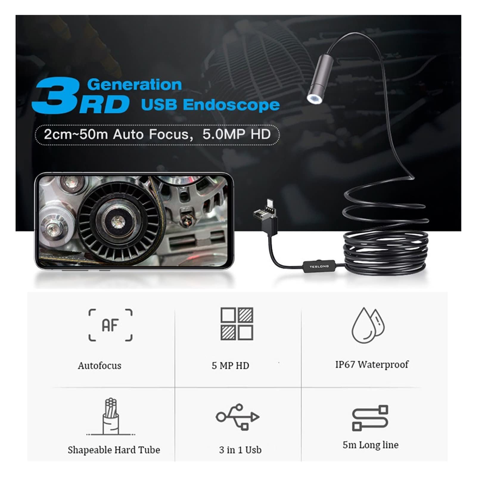 Kamera endoskopowa, 5. 0mp 3. W 1 aparacie endoskopu USB 2594x194 4P IP67. Auto Focus Industrial BorScope Hard Wire Camera Autofocus