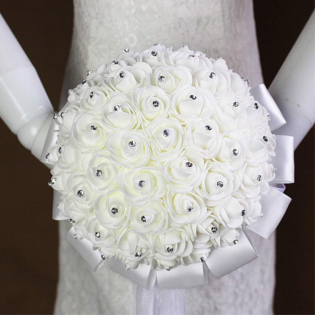 Wedding Bridal Bouquet Handmade Crystal Ribbon Rhinestone Wedding Bridesmaid Bouquet, Bridal Artificial Flowers for Wedding (White, 7.48"*9.84")