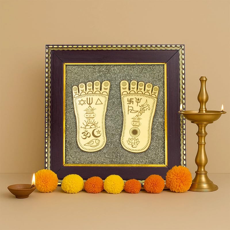 Image of Astrotalk Maa Lakshmi Charan Paduka on Pyrite Frame | Vastu Items & Decorative Items for Home Decor, Office Table Decoration Items | Showpiece for Home Decor Living Room | Gift for Man & Woman