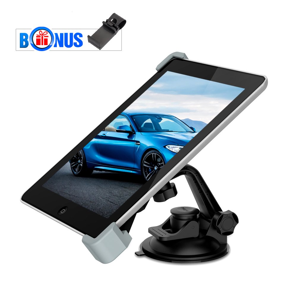 iPad Suction Mount, MEMTEQ Windshield Dashboard Car Tablet Holder, 360 Degree Adjustable Rotating Stand for Amazon Fire, iPad Mini/ Air, GPS, 7 - 10.1" Bonus Steering Wheel Phone Holder