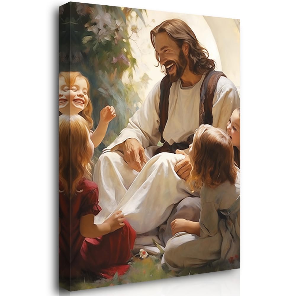 Reateforin Jesus Laughing with Children Canvas Wall Art Christian Home Decor Jesus Teaching Children Watercolor Prints Religious Faith Wall Decor Pictures for Kids Room Bedroom Church Decor 20"x28" — image 1