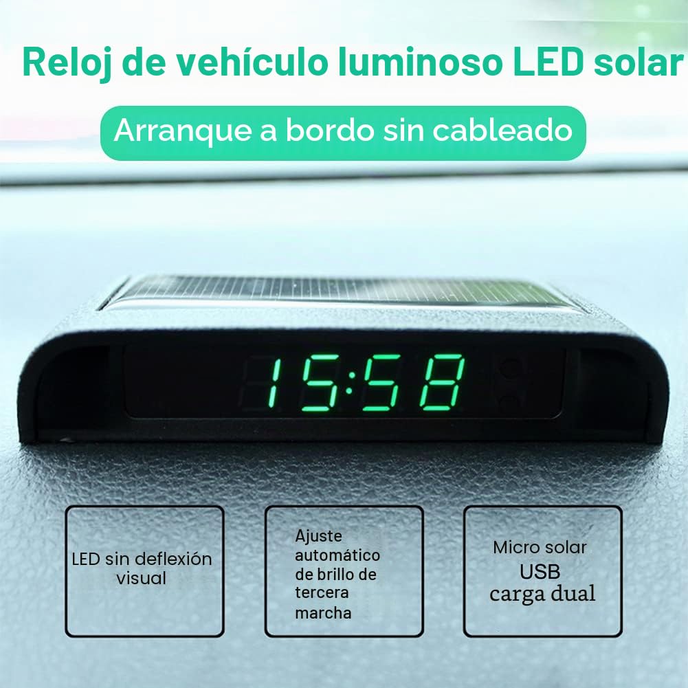 Reloj LCD con energía solar, reloj digital multifuncional para coche con hora, fecha, semana, temperatura (luz cálida)