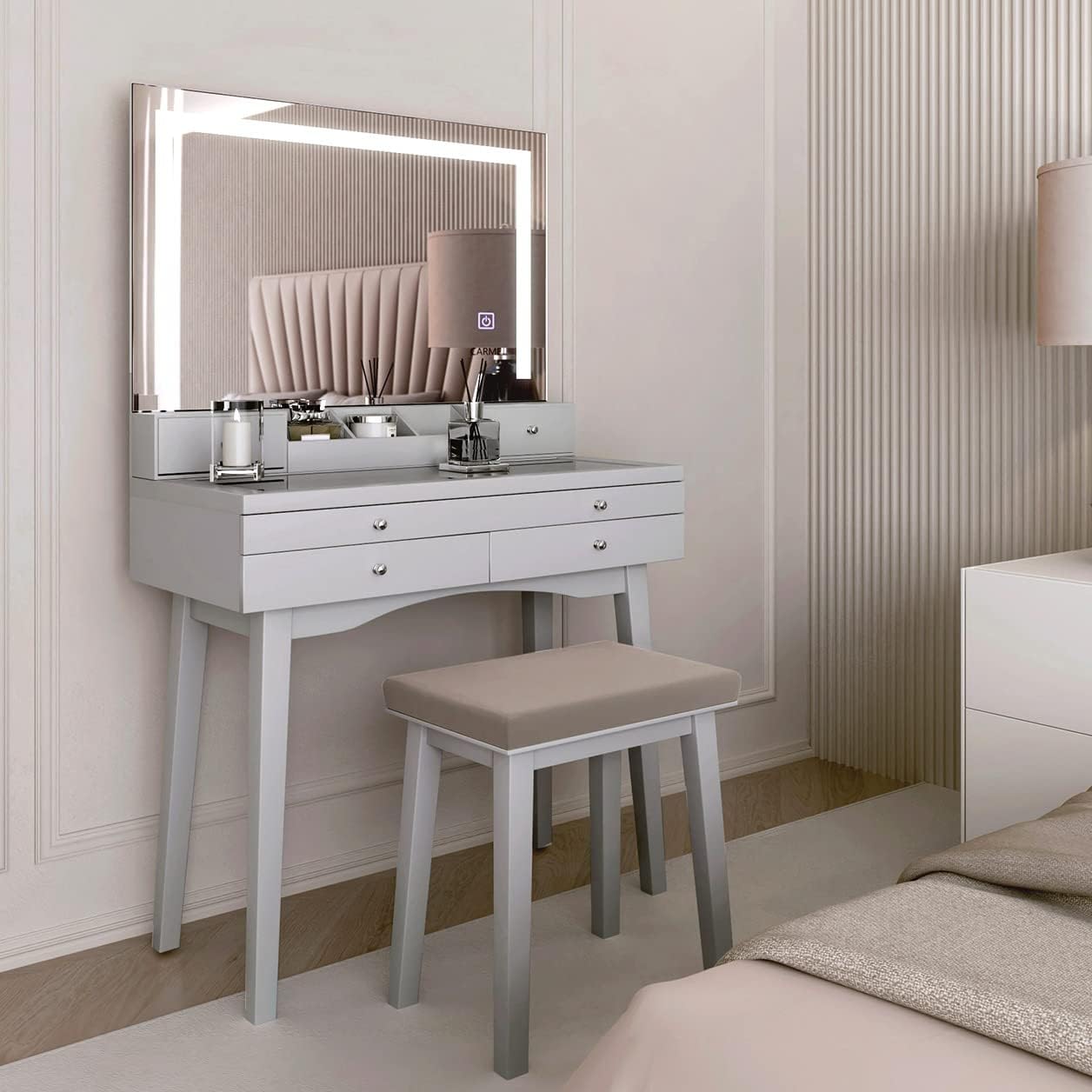 CARME Madison Grey Dressing Table with Hollywood Mirror LED Lights