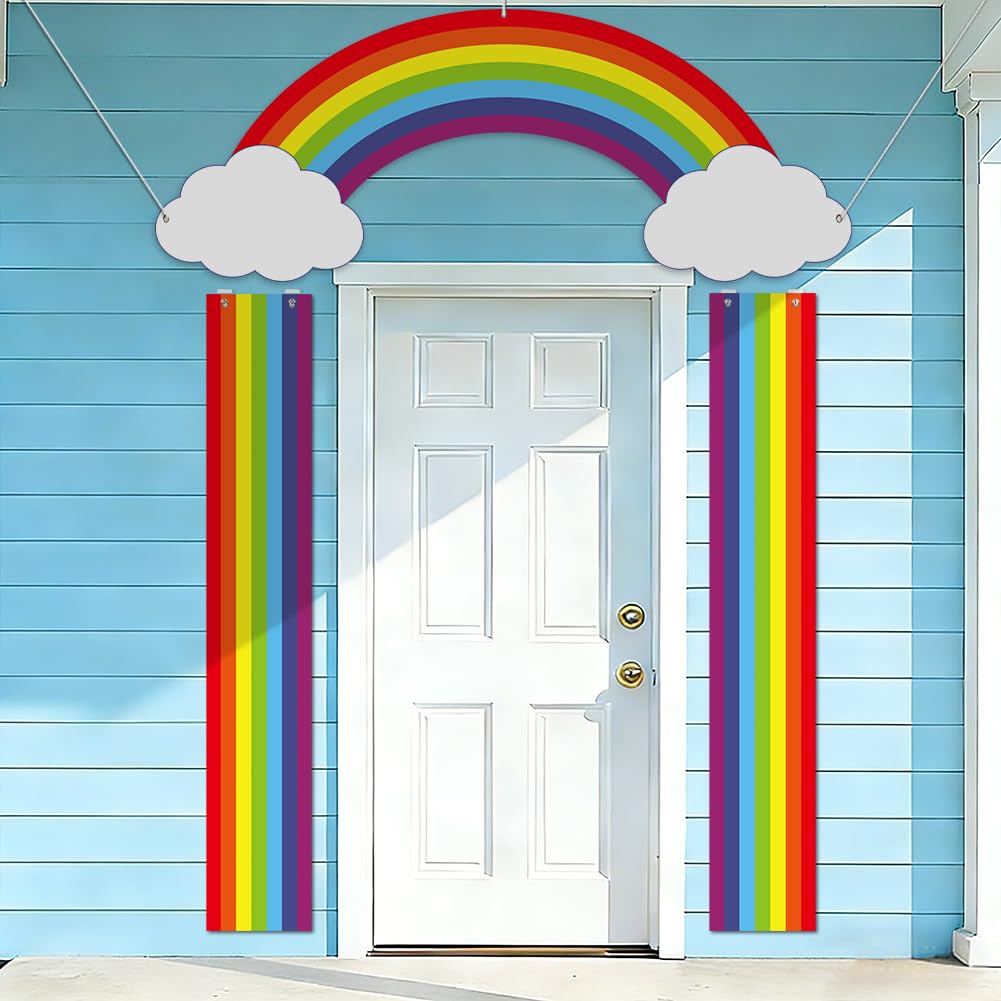 SUPERDANT 3Pcs Rainbow Porch Banner Set Cloud Photo Booth Backdrop Supplies Wall Hanging Sign for Door Lawn Archway Photography Backdrop Supplies Party Decorations Colorful