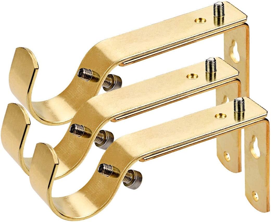 Curtain Rod Brackets, Gold Plated, Metal, Wall Mount, Set of 3, 1 or 1 1/8 Inch Rods, Adjustable 4.3" to 5.8" (Pack of 2)