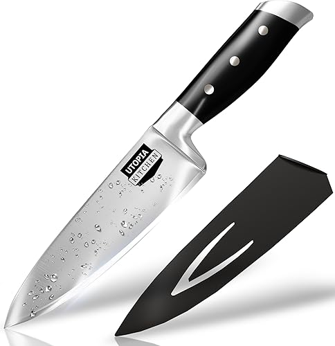 Utopia Kitchen Cuchillo de cocina de chef de 6 pulgadas, cuchillo de cocina de acero inoxidable al carbono con funda y mango ergonómico, cuchillo de