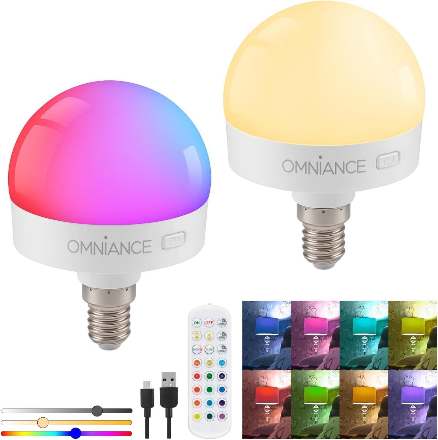 Auraglow Rechargeable Wireless LED Light Bulb with Remote – Battery-Powered, Dimmable, Colour-Changing, E14 Adaptor (2 Pack) — image 1