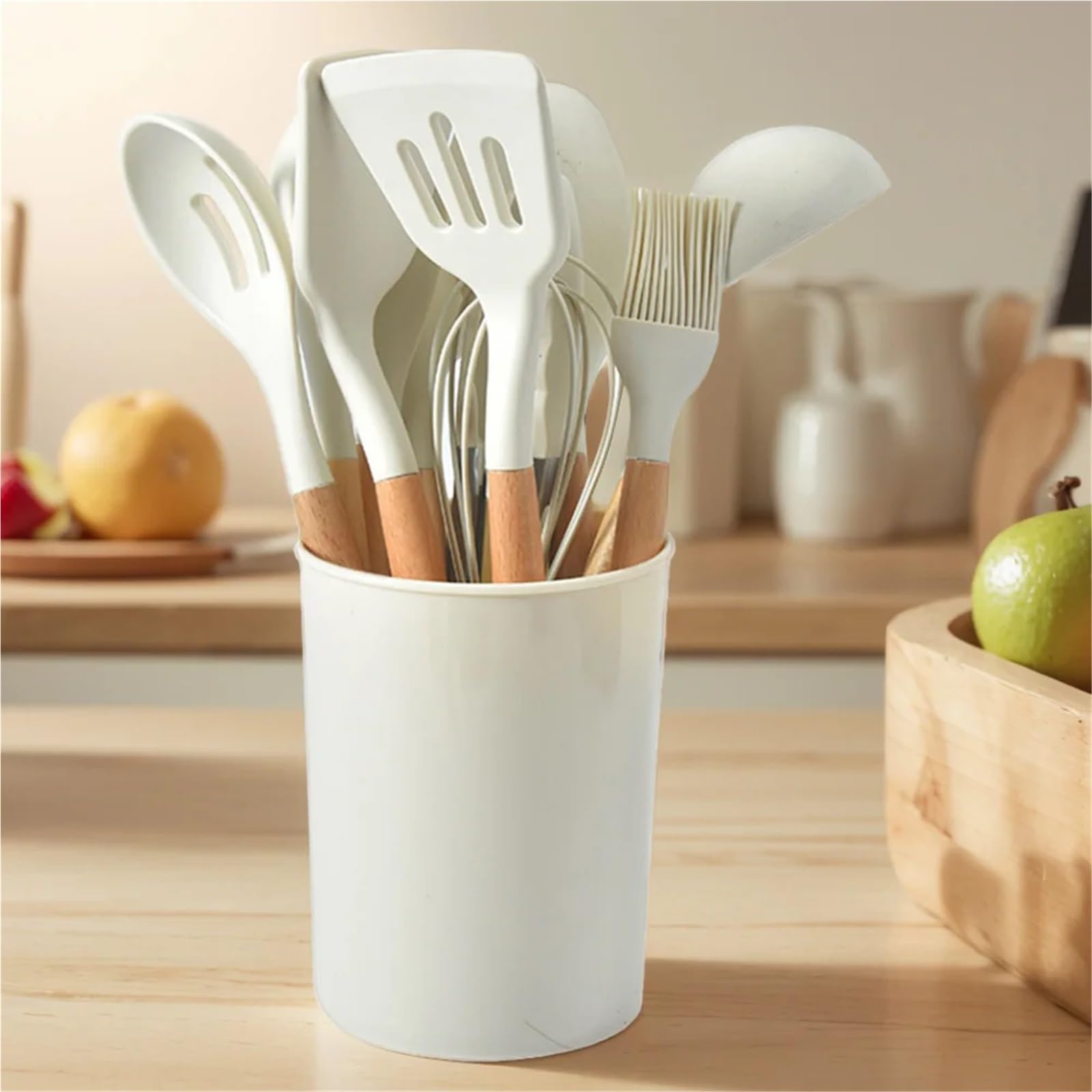 Silikon Küchenhelfer Set 12-teiliges Küchenutensilien-Set, Silikon-Spatel, Holzgriff, hitzebeständiges Kochgeschirr, Löffel, Pinsel, Schneebesen