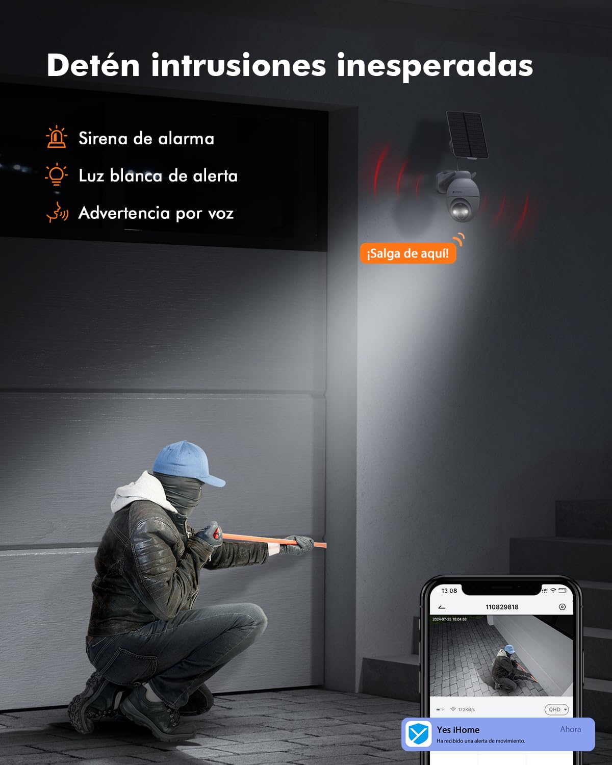 YESKANO Camara Vigilancia WiFi Exterior Solar 2K sin Cables, Panel Solar con Batería, 360° PTZ, Visión Nocturna Color, Detección PIR, Audio Bidireccional, IP66, sin Suscripción (Blanco)
