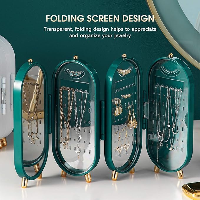 Image of 3‑Fold Foldable Jewellery Travel Box with Mirror || Compact Organizer for Earrings, Necklaces & Rings, Hanging Design for Women || Portable Small Jewelry Case for Trips & Daily Use ||