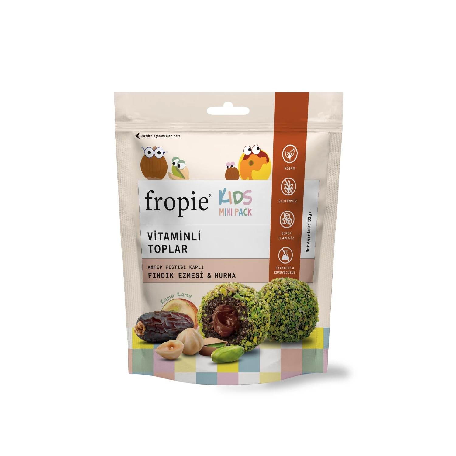 Fropie Mini Kids Vitamin Topları - Antep Fıstığı Kaplı & Fındık Ezmeli 32 gr