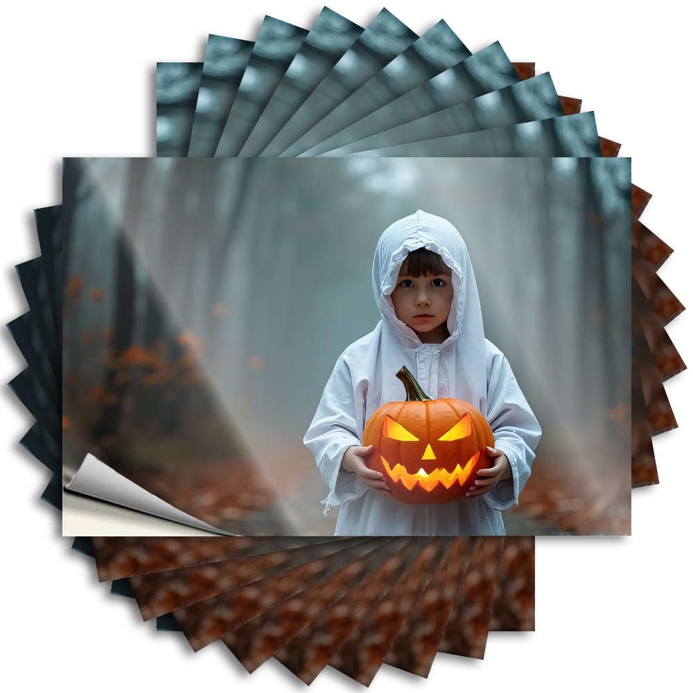 Positive Saying Aesthetic Decals, Front Door Decor Cute Pattern Design for Dry Notebook | Tumbler Removable Vinyl A Child in A White Ghost Costume Holds A Glowing Jack-o'-Lantern(6X9CM)