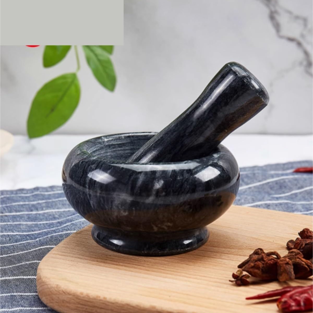 Pestello e mortaio， Set mortaio in marmo for pepe, aglio e zenzero(Black)