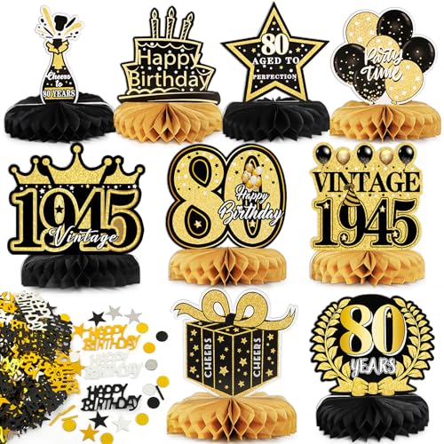 9 peças decoração de aniversário 80 anos centro de mesa favo e confetes de aniversário ornamento de mesa dourado e preto estilo vintage decoração mesa presente para festa de aniversário de 80 anos