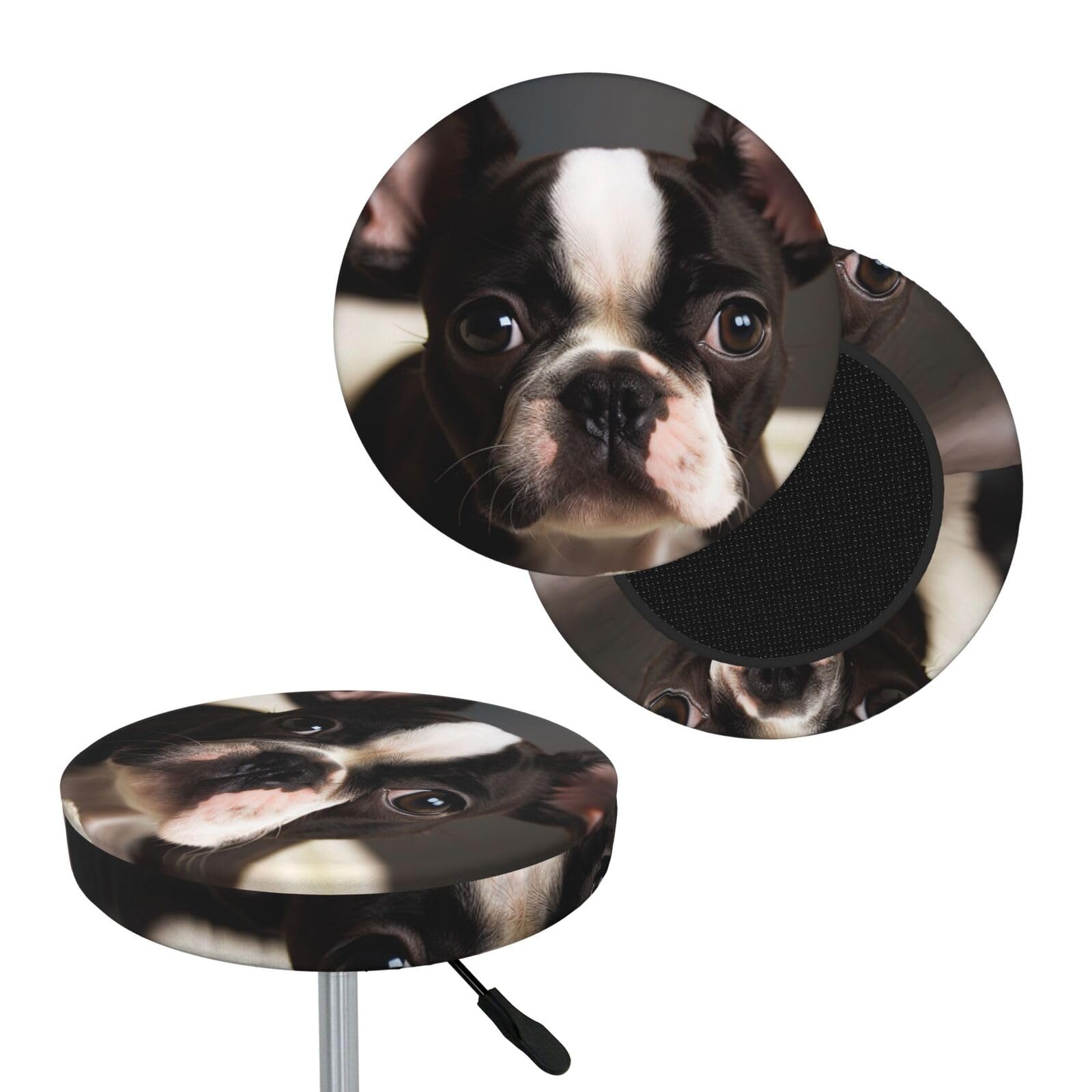 FodPand Cute Boston Terrier Bar Stool Cover Round Elastic Stool Cushion Covers Washable Bar Stool Chair Slipcover Stretch Stool Seat Covers for 12-14 Inch Chair