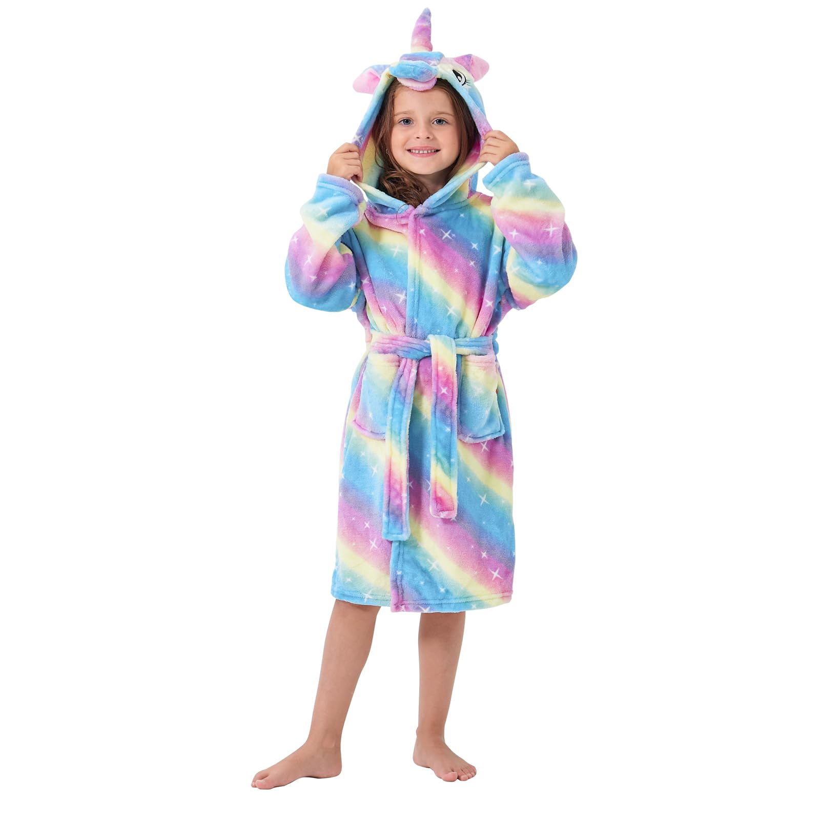 Womens Unicorn Dressing Gown Girls Hooded Unicorn Bathrobe Robe Dressing  Gown Nightwear Fleece Attached Belt Knee