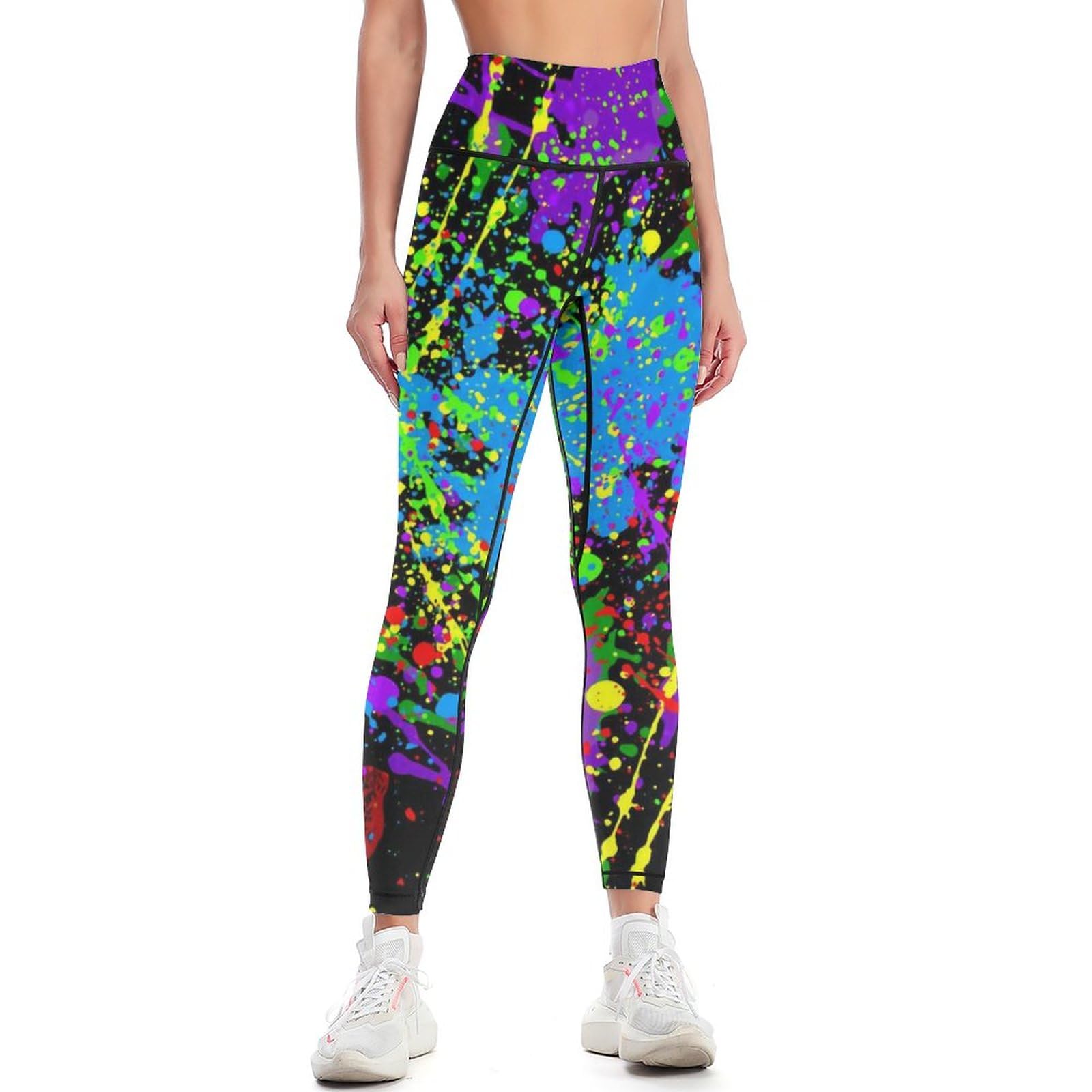 VELRAF Glow in Dark Splatter Neon Women's High Waist Yoga Pants Sports Gym Running Leggings Athletic Pant Workout Pants for Indoor Outdoor