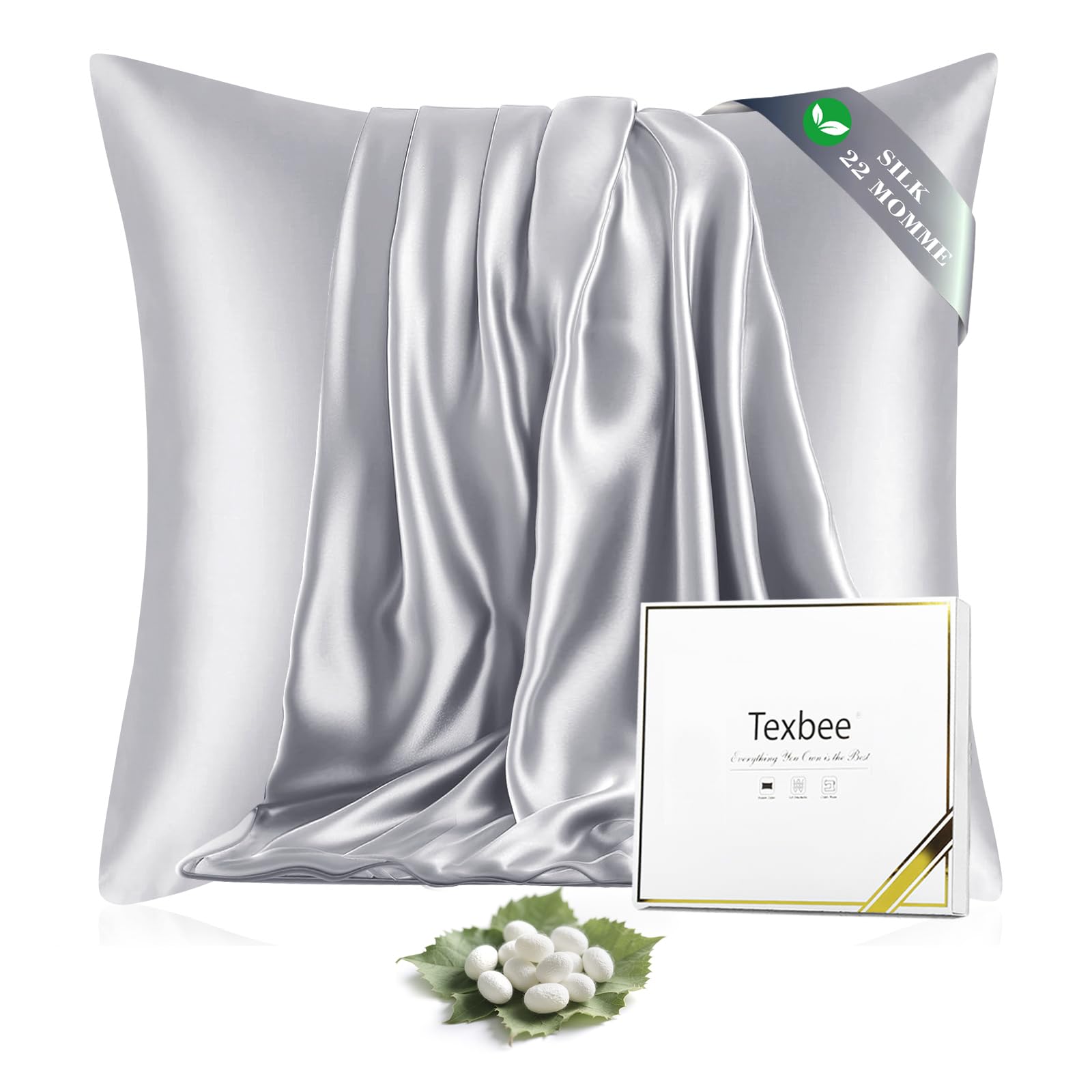 Texbee Seidenkissenbezug 80x80cm für Haar und Haut Beide Seiten Natürliche Kissenbezug Seide mit verstecktem Reißverschluss Weiche Atmungsaktive Glatte 1PCS-Silbergrau