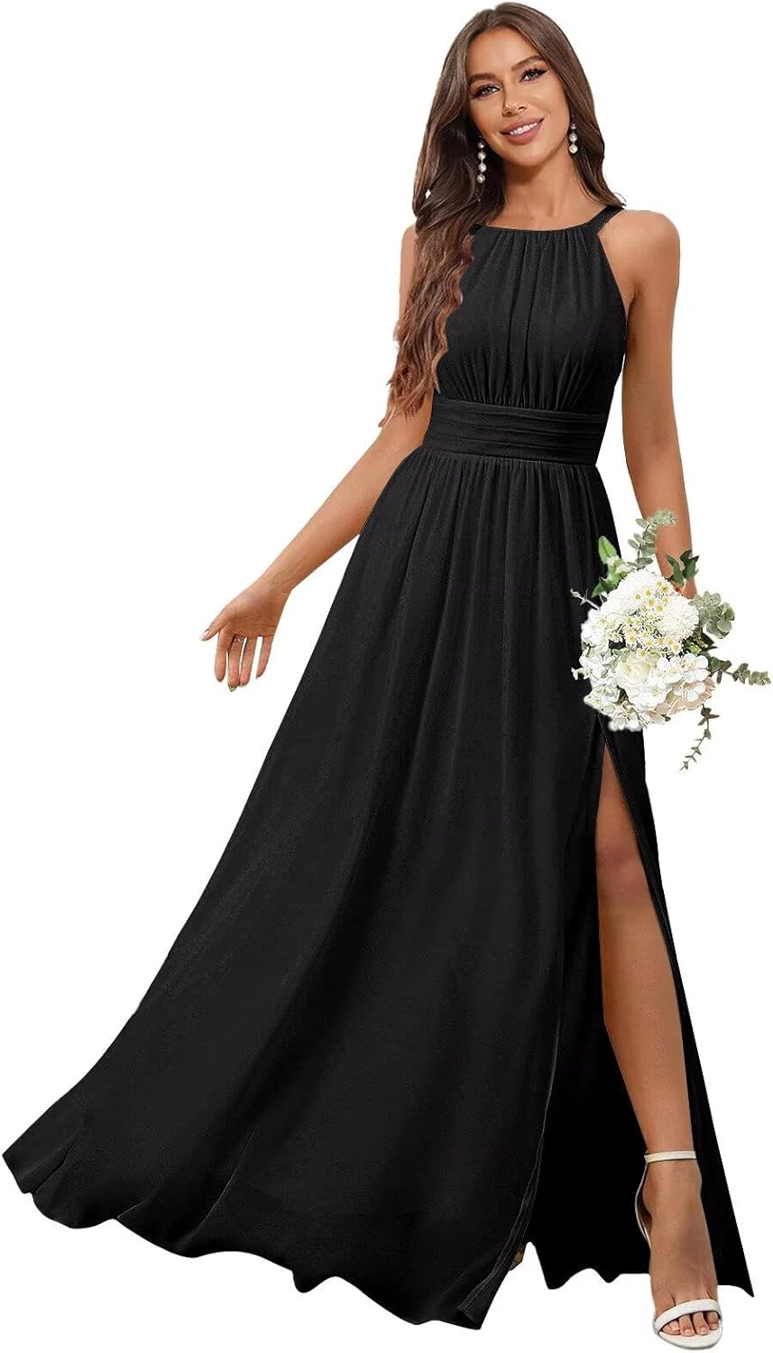 Halter Chiffon Bridesmaid Dresses for Women A Line Corset Long Formal Evening Dress with Slit
