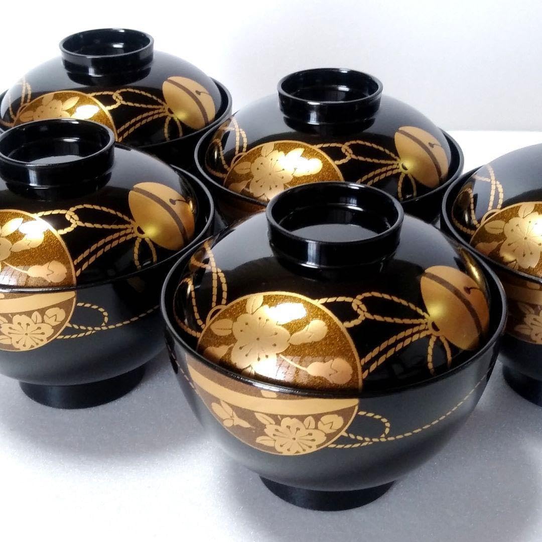 漆器 椀 5客セット 金色の花模様【輪島溜塗り】金蒔絵 会津塗