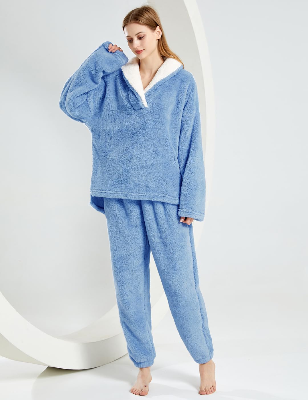 Women's Fluffy Loungewear Sleepwear Lounge Casual Pajamas Sets Loose Long Sleeve Fleece Pullover and Pants Set - Image 3