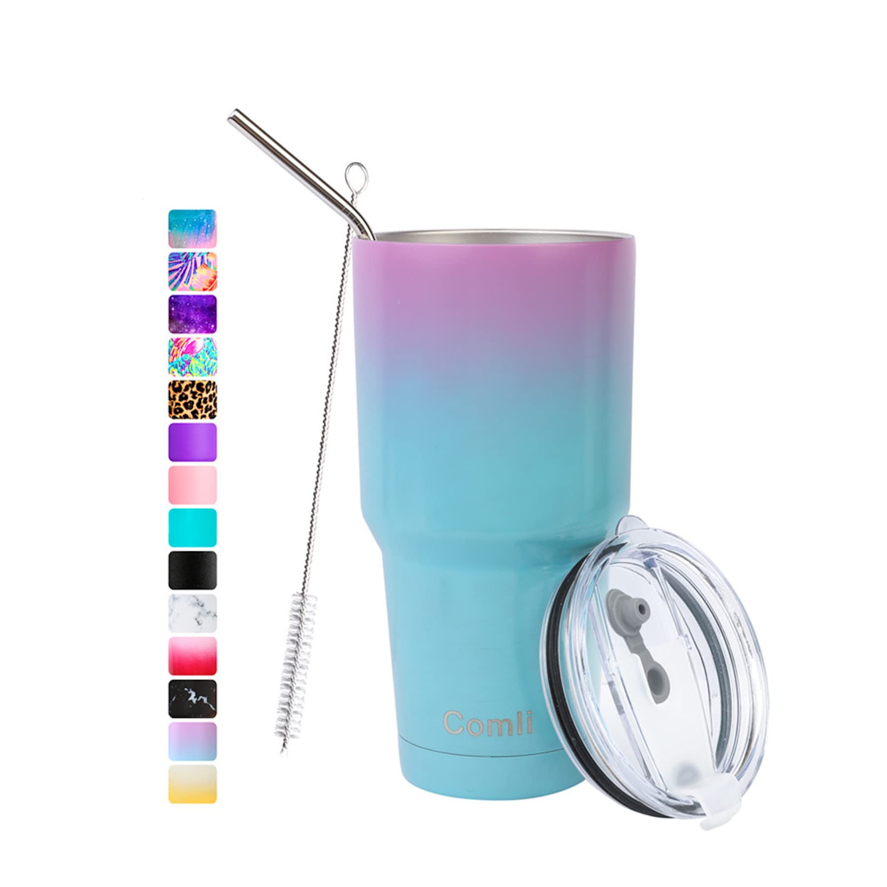 30oz Insulated Tumbler with Lid and Straws and Carrier Holder Pouch, Stainless Steel Double Wall Vacuum Travel Mug with Cleaning Brush for Cold & Hot Drinks(Gradient)