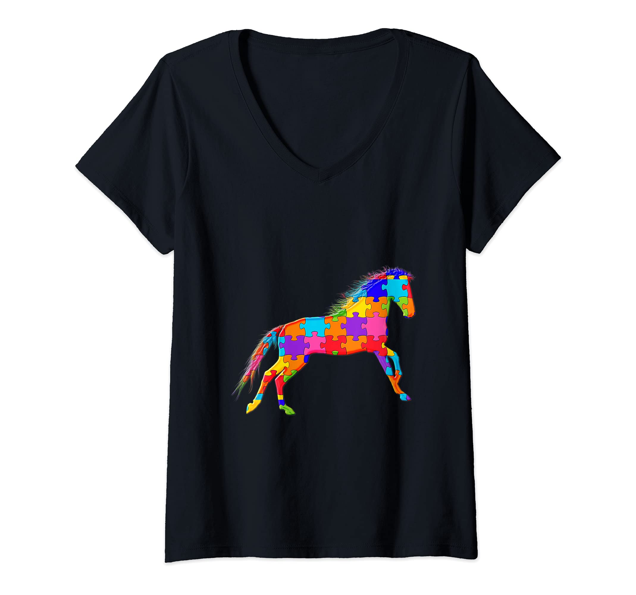 Womens Horse Animal pony Jigsaw Autism Puzzle V-Neck T-Shirt