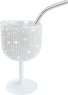 INSTOME 4oz Rhinestone Stainless Steel Wine Glasses,Mini Bling Stemmed Stainless Steel Wine Tumbler with Lid and Straw for Camping,Picnics,Travel,Birthday Gifts for Family