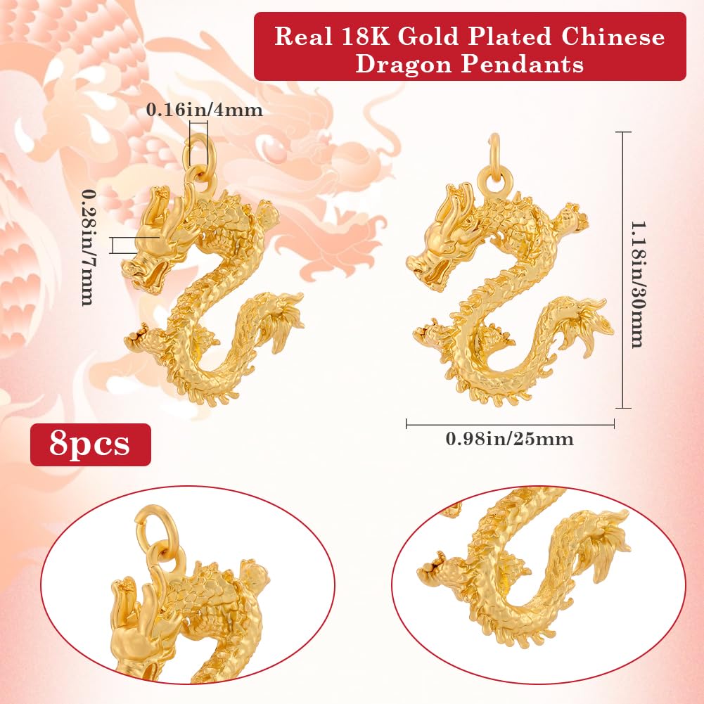 Beebeecraft 1 Box 8Pcs Chinese Dragon Charms 18K Gold Plated Chinese Zodiac Charms 3D Necklace Charm with Jump Ring for DIY Necklace Bracelet Jewelry Making - Image 2