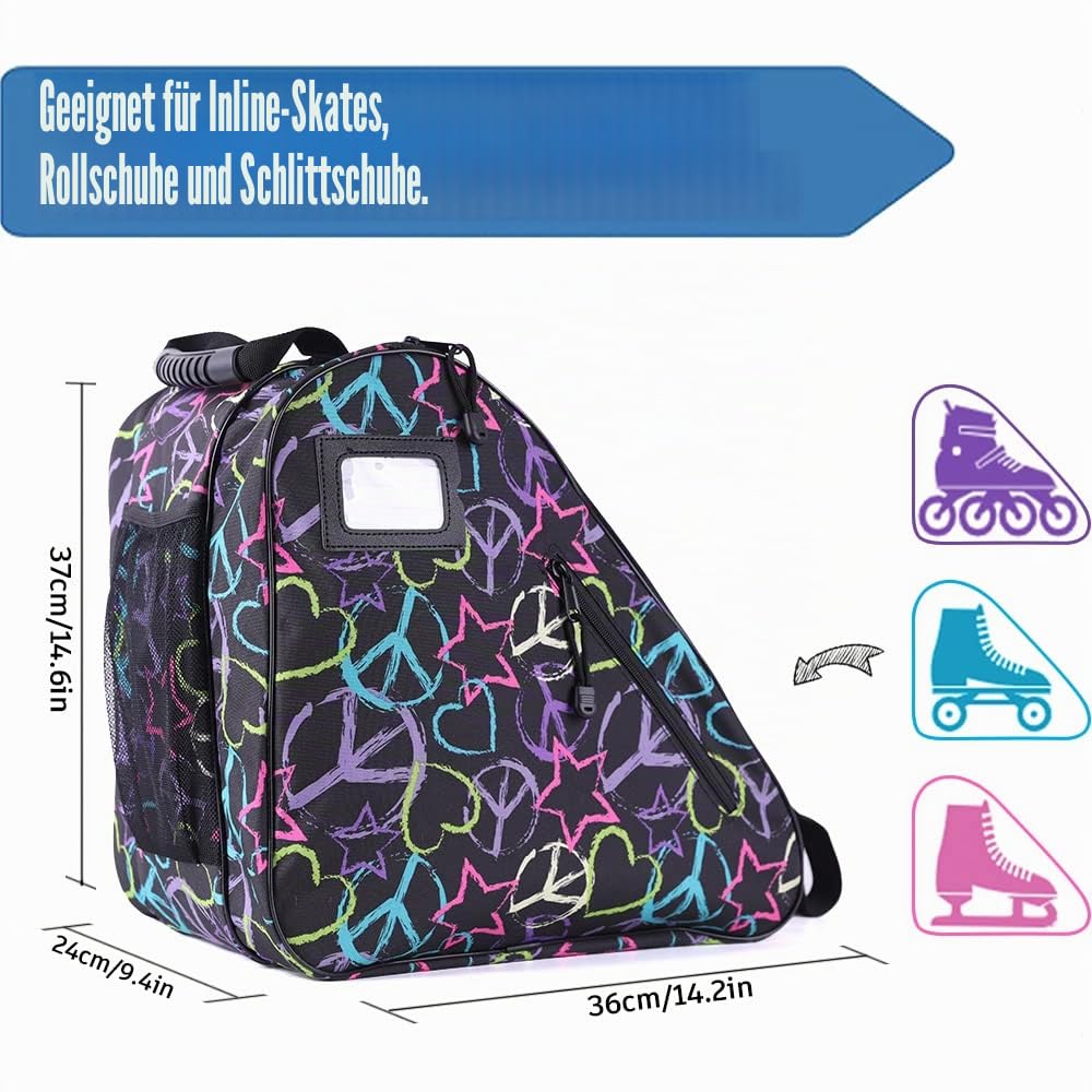 Holisogn EIS-, Figuren-, Inline- und Rollschuh-Taschen, hochwertige und modische Taschen für Kinder, Jugendliche, Erwachsene in Allen Größen (Peace & Love), Schwarz HLS002
