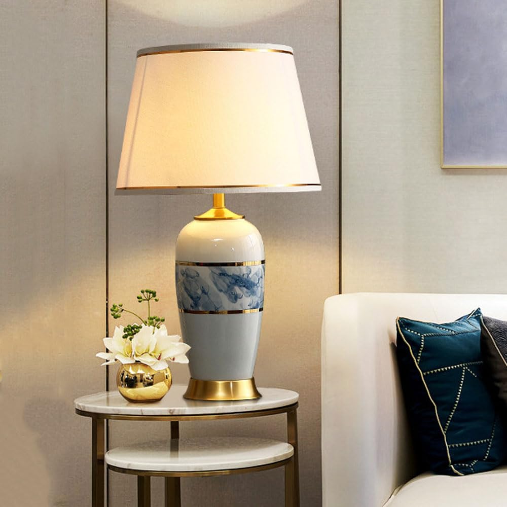 SGKOMN Lake Blue Ceramic Table Lamp, Painted Glaze Bedside Lamp With Fabric Shade, Mid Century Modern Nightstand Lamp For Bedroom Living Room Reading Room-38 * 66cm