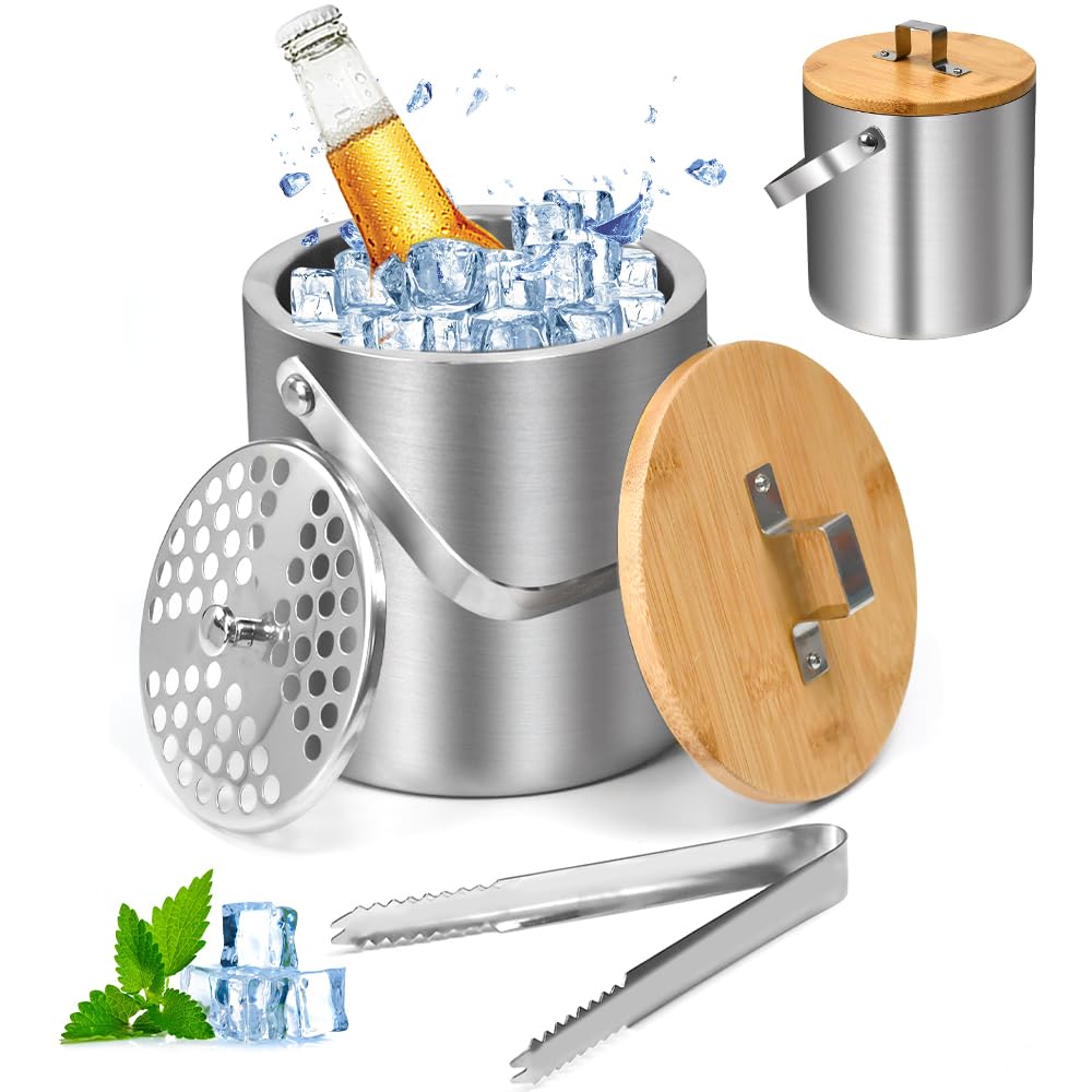 Secchiello Ghiaccio in Acciaio Inox 1,3L Secchiello per Champagne a Doppia Parete Portaghiaccio con Coperchio Pinze e Filtro Contenitore del Cubetto di Ghiaccio per Cocktail Bar e Feste