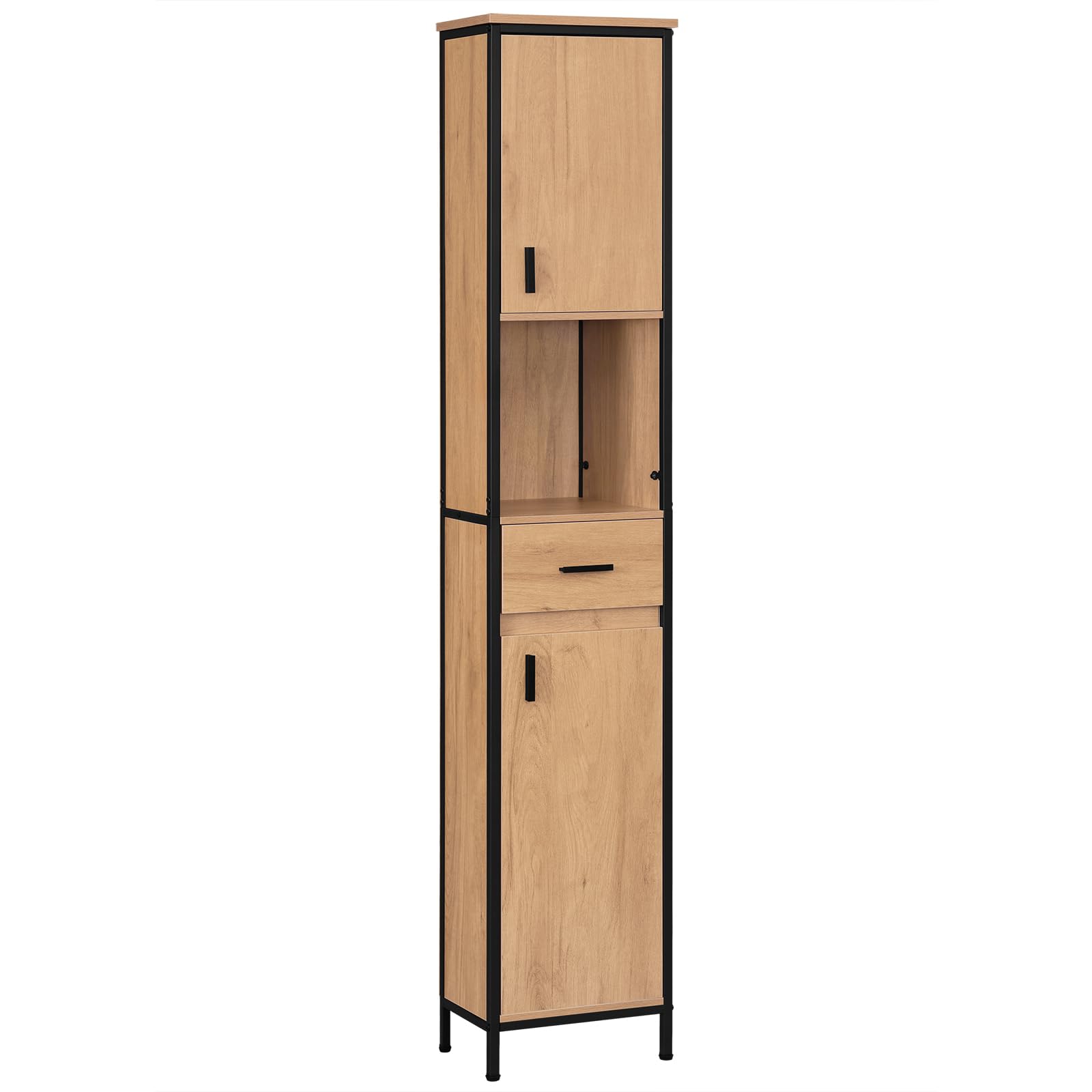 EUGAD Colonne Salle de Bain, Meuble Salle de Bain Rangement, avec 1 Tiroir, 2 Placards à Porte, 1 Casier Ouvert, Étagères Réglables, 30x30x180cm, Chêne Clair+Noir