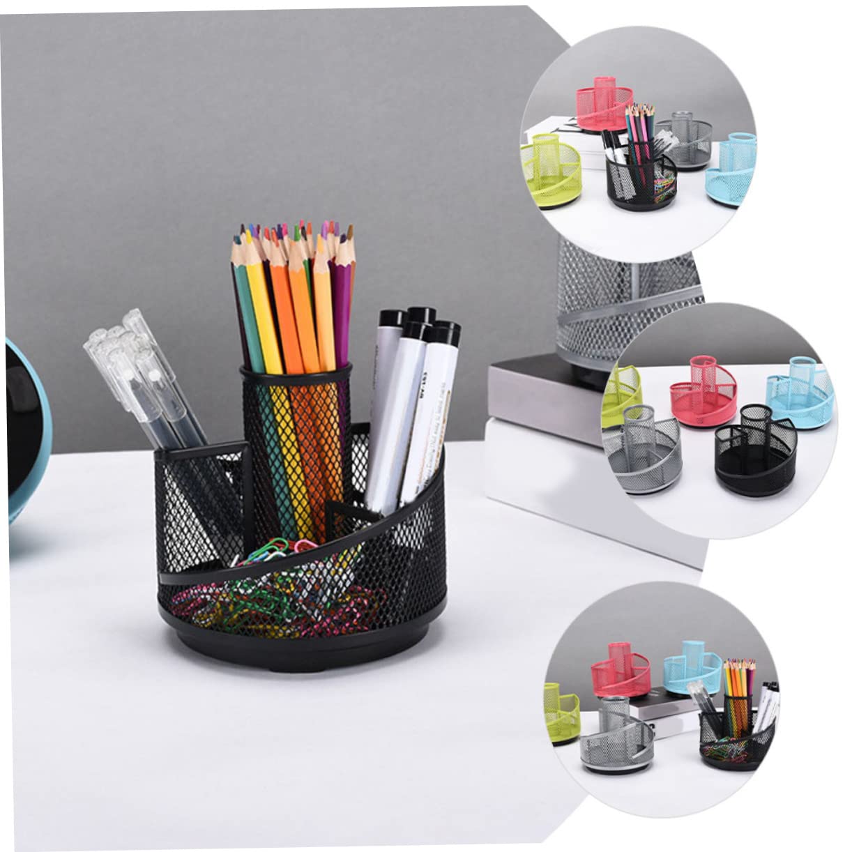 SEWACC 4 Stück Metall Drehbarer Stiftehalter Schreibtisch Organizer mit Fächern Multifunktionale Aufbewahrungsbox für Kosmetik Bürobedarf und Schreibwaren Stabil und Langlebig Schwarze