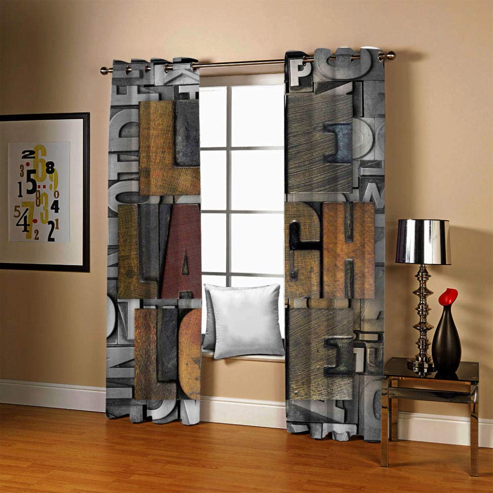 Rideaux Occultants Style Industriel Lettres Rideau à Oeillet Isolant Thermique Insonorisant Phonique Opaque Rideau de Fenêtre pour Chambre Salon, 2 Panneaux, 183x214cm