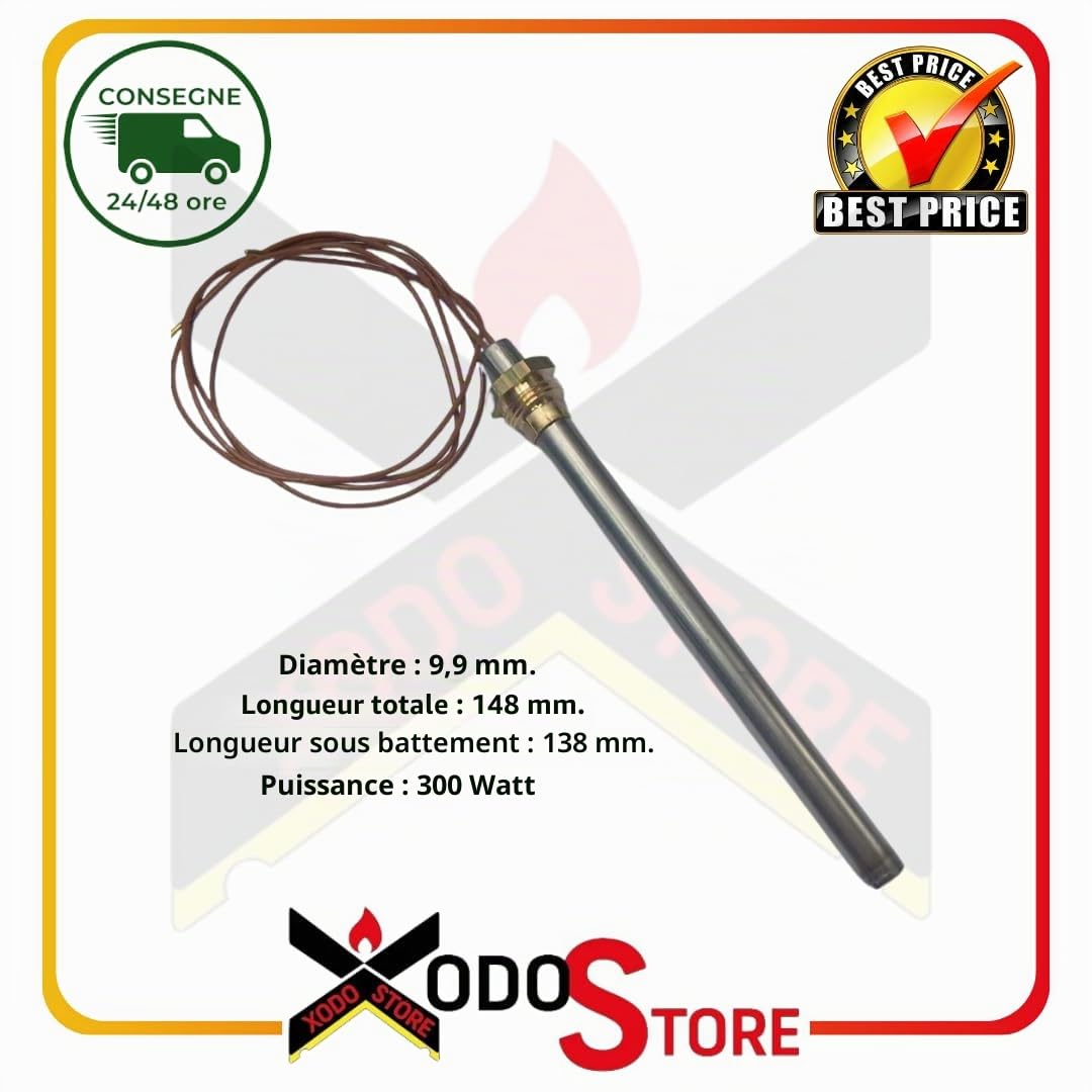 Xodo Store, Bougie d'allumage L. 148 mm Diam. 9,9 mm, 300 W. Pour poêles à granulés, Compatible avec AMG, Environnement et chaleur, CADEL, Nickel ou cuivre, 1 pièce