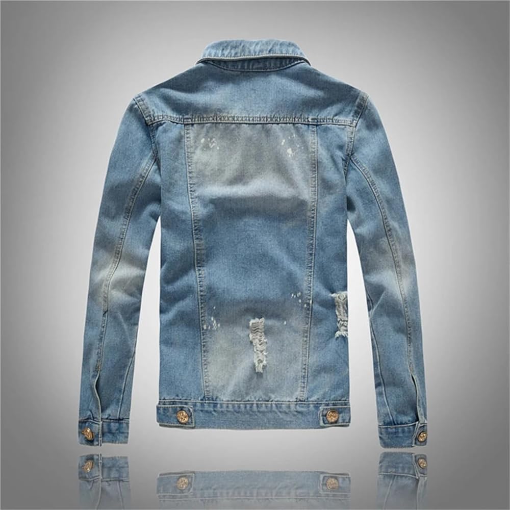 Men's Denim Jacket Fashion Hole Lapel Streetwear Motorcycle