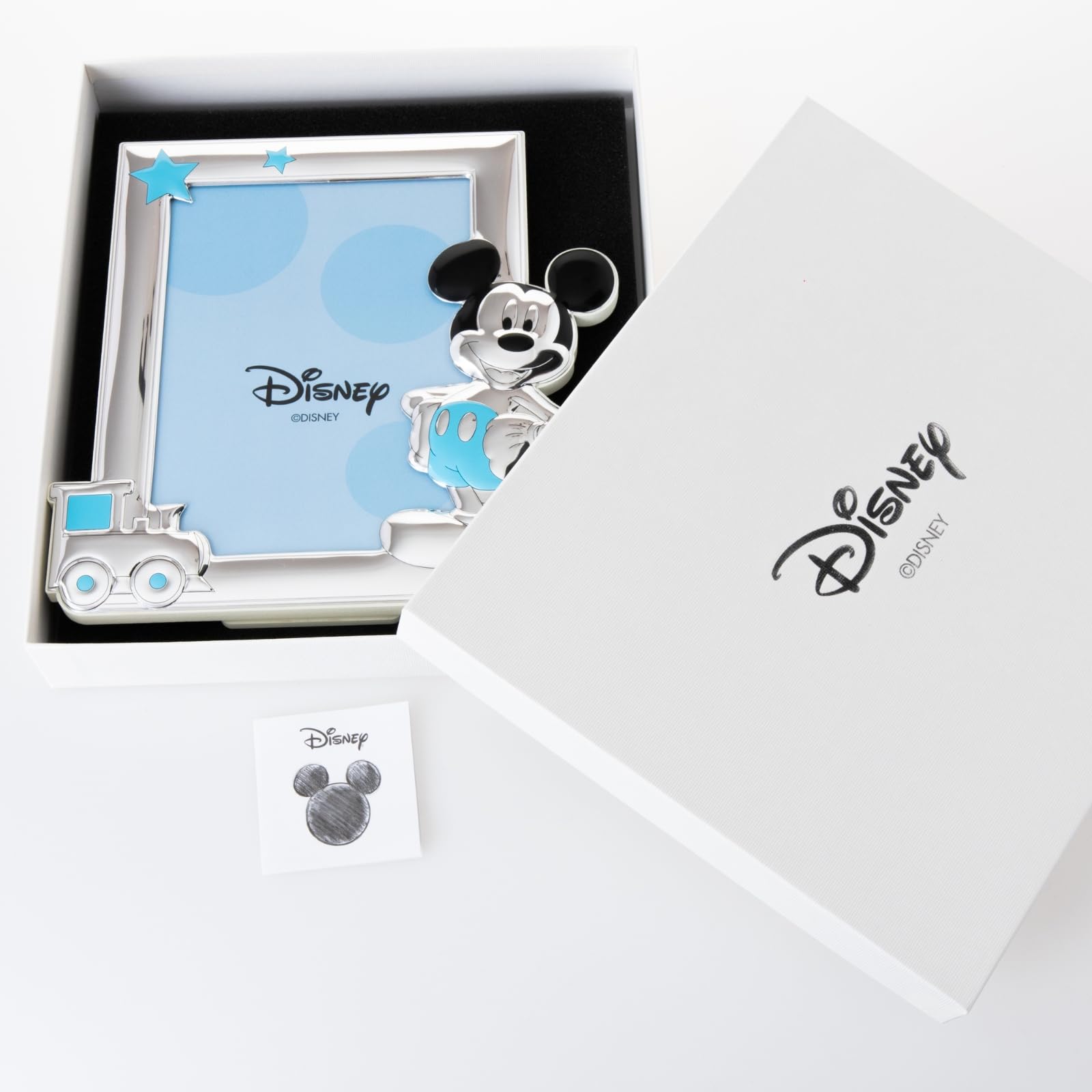 VALENTI & CO. D102 4LC, Disney Baby - Topolino Mickey Mouse - Cornice per Foto in Argento da Tavolo o Comodino per la Cameretta del Bambino perfetta come Idea Regalo Battesimo o Compleanno, azzurro
