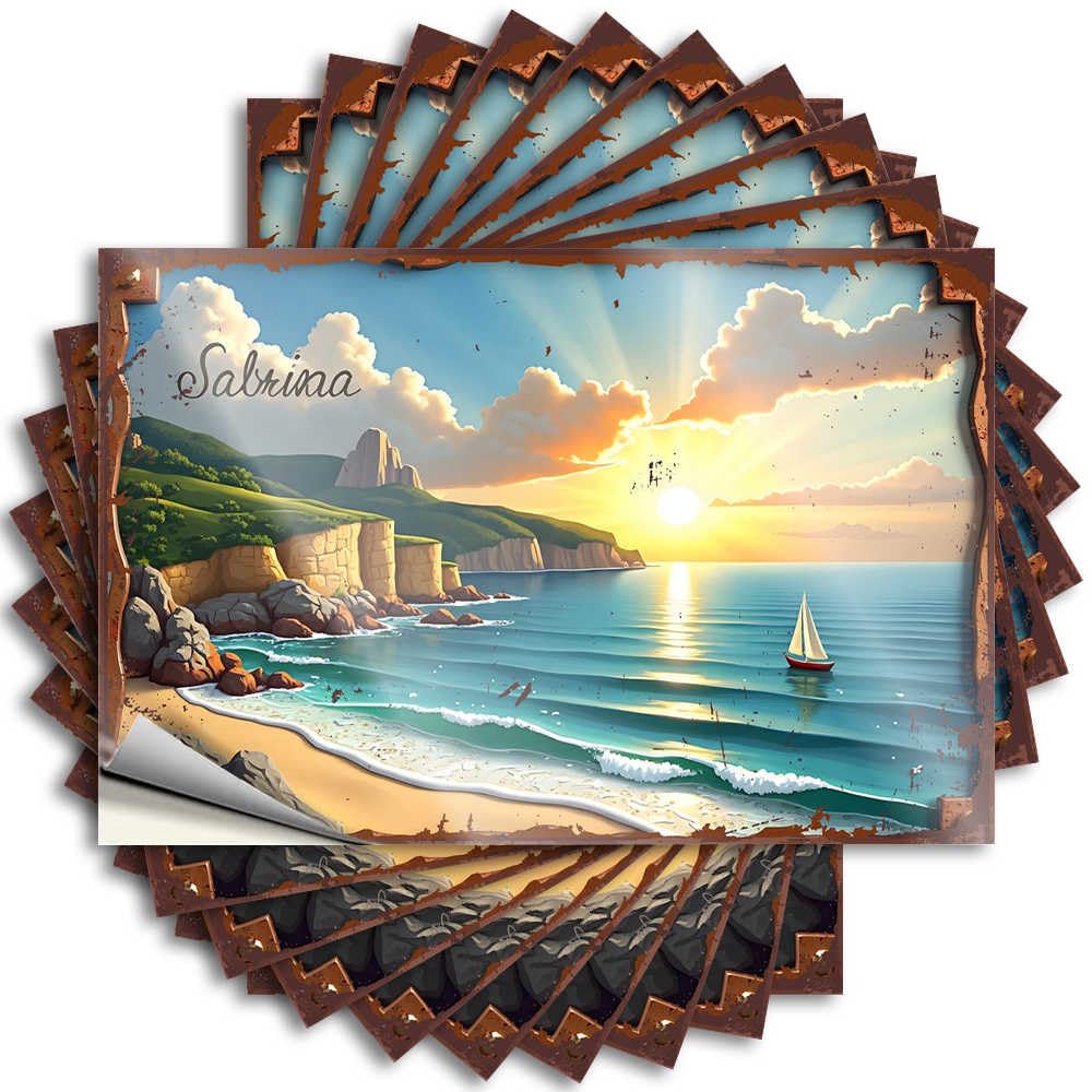 Rv Camping Accessories Sweet Sticker - Sunset Serenity: A Coastal Dreamscape with Sailboat and Cliffs Removable Decal Tumbler Easy Peel for Drinking(8X12CM)