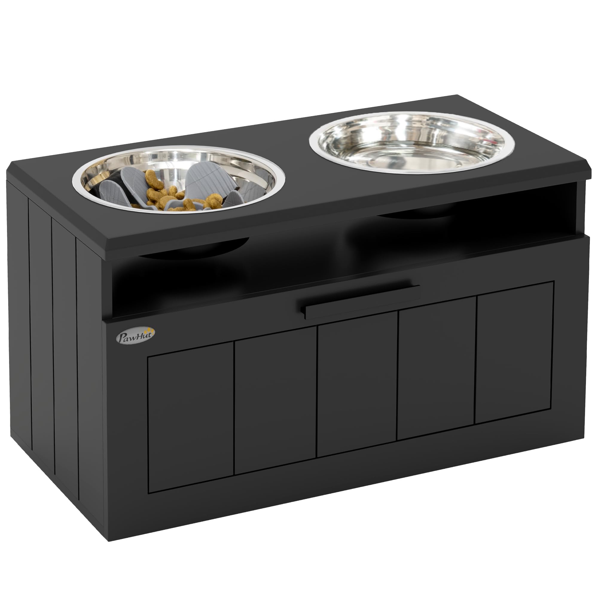 PawHut Cuenco elevado para perros con comedero lento, cajón para perros extragrandes, color negro | Dos cuencos de acero inoxidable