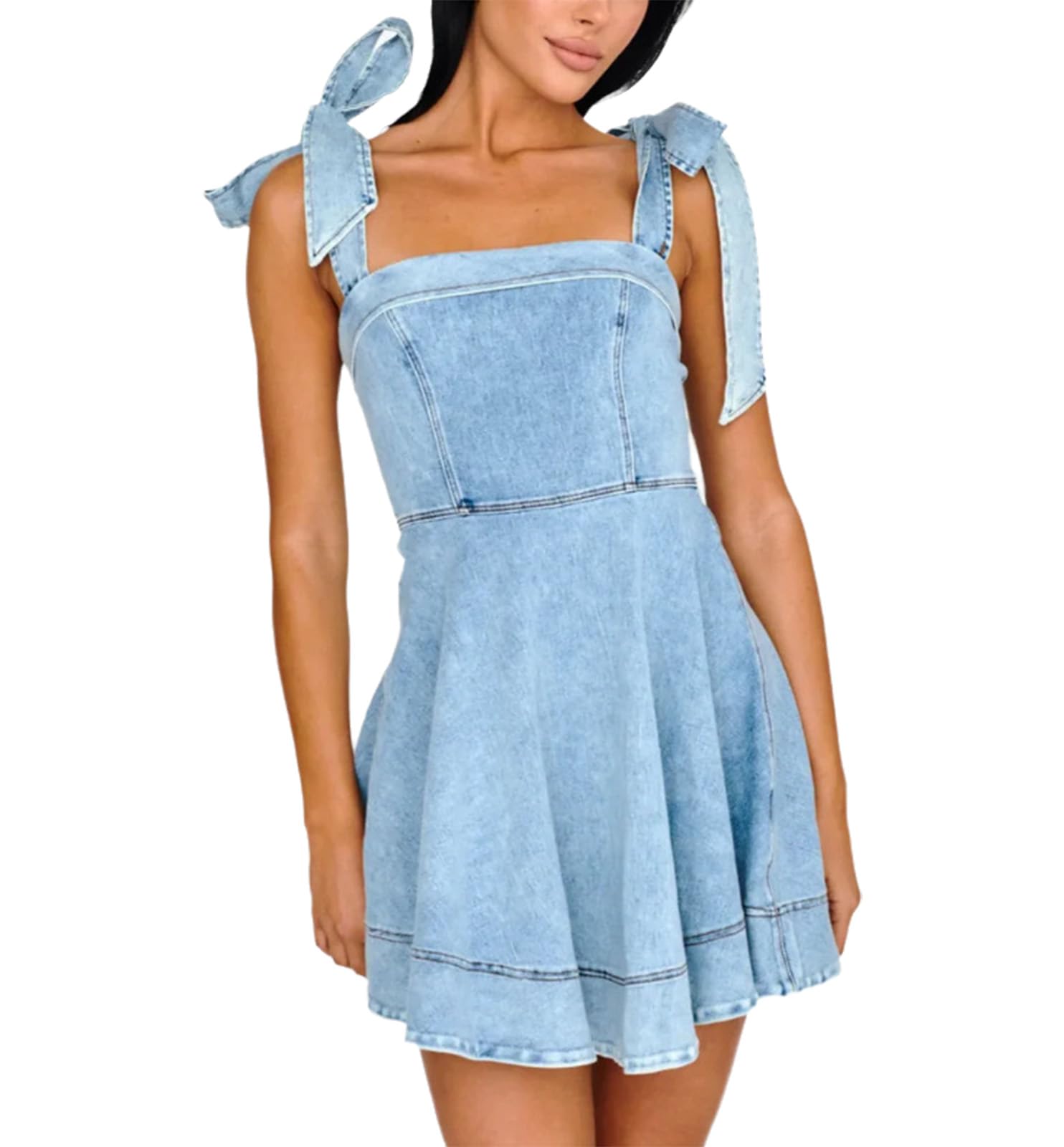 TACSTRUN Women's Summer Denim Mini Dress Sleeveless Bow Straps Cute Babydoll Dress Trendy Short Jean Dress
