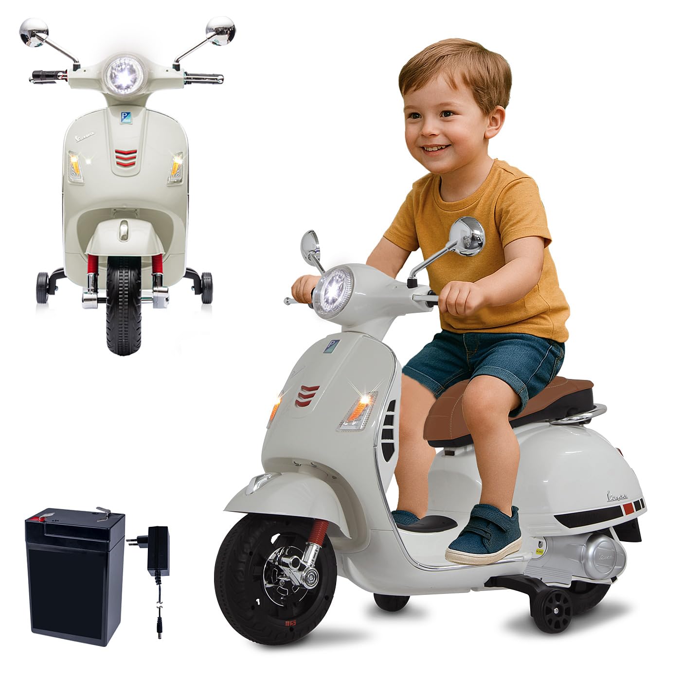 JAMARA 461836 Ride-on Vespa GTS 125 Li-Power 12.6 V - Elektroauto für Kinder ab 3 Jahre, Auto Car elektrisch, Geschenkidee für Jungen und Mädchen, Stützräder, LED Licht