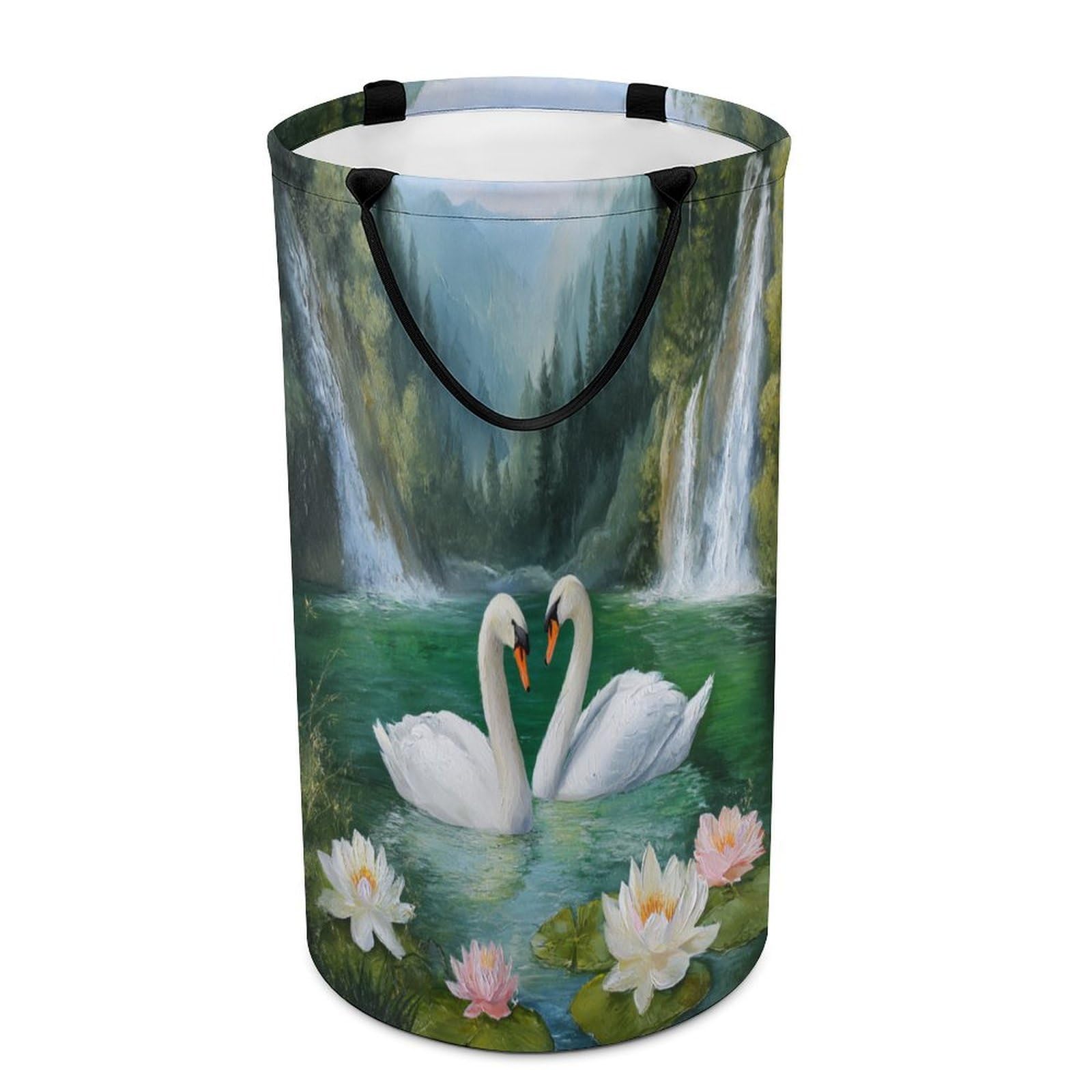 LUYYSKY Retro Realistic Swans Couple Collapsible Dirty Clothes Basket, Mid Century Classic Waterfall Animals Swans Plants Lotus Flowers Portable Clothes Storage Basket