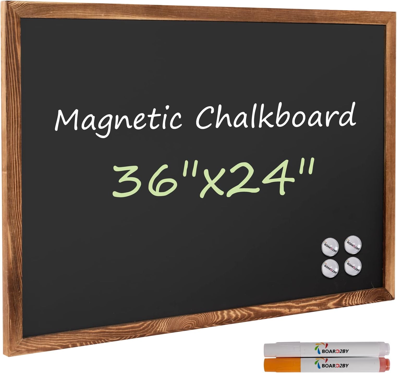 Board2by Rustic Wood Framed Magnetic Chalkboard 24 x 36, Large Hanging Chalk Board Sign for Kids, Non-Porous Wall Blackboard for Wedding Kitchen Restaurant Menu and Home with 4 Unique Magnets, Brown